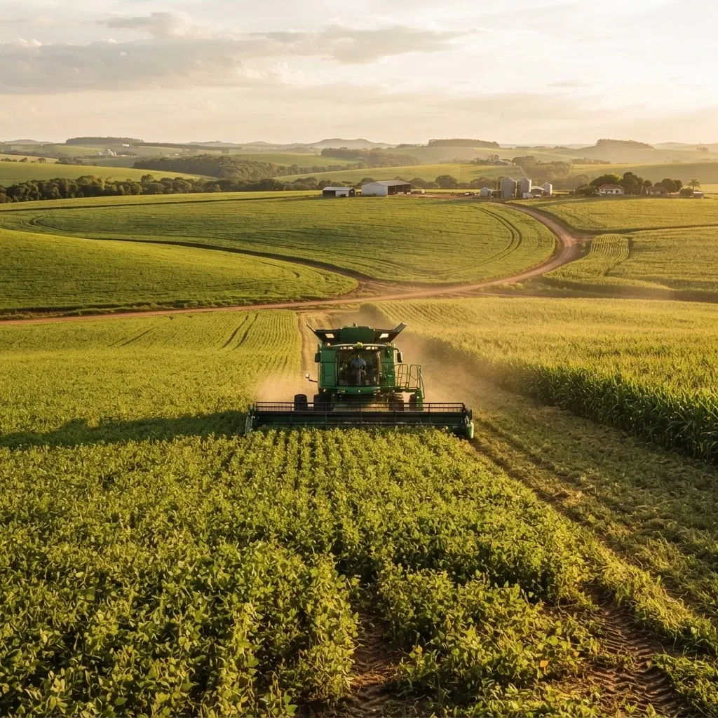 Colheitadeira avança por lavoura extensa em dia de sol, com sede de propriedade rural ao fundo