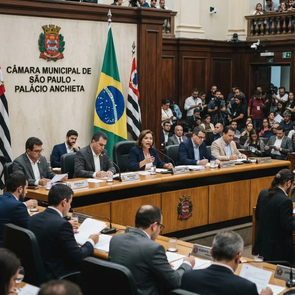 Plenário legislativo em sessão, com parlamentares à mesa diretora e público acompanhando das galerias